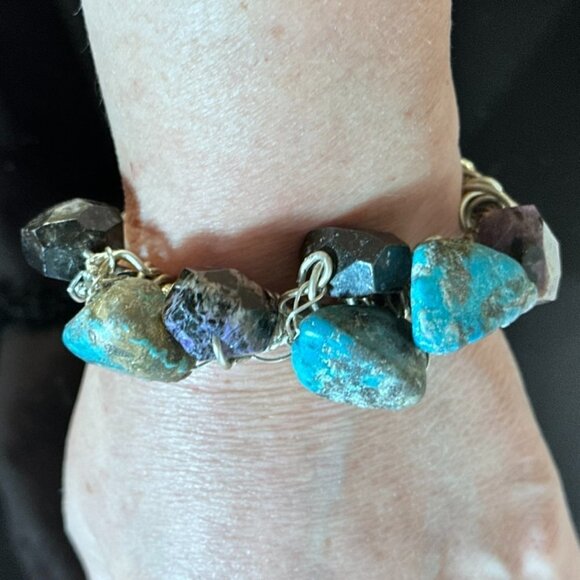 Genuine Turquoise 925 Sterling Silver Charoite Wire Wrap Cuff Bracelet Brutalist - Picture 2 of 11